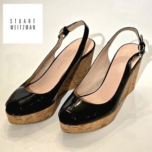 PRICE DROP‼️Stuart Weitzman Slingback Wedge Size 8.5 Black Leather Cork Wedges